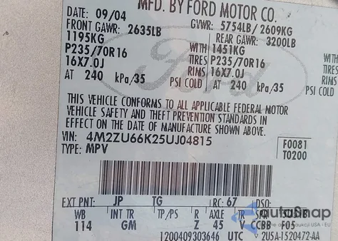 2005 Mercury Mountaineer z USA, uszkodzony, nr VIN 4M2ZU66K25UJ04815